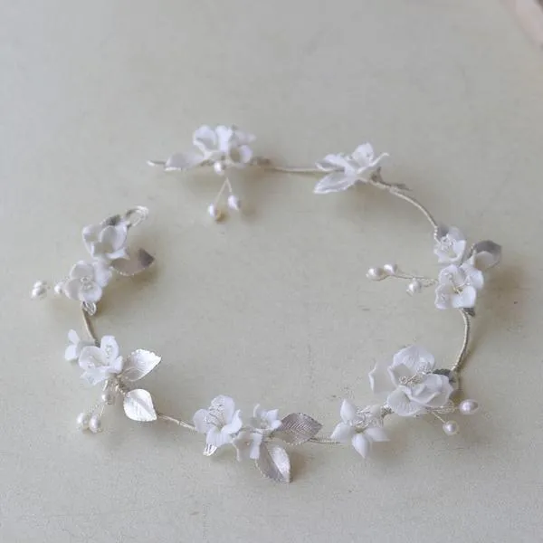 Ceramic Bridal Hair Vine with Silver Leaves