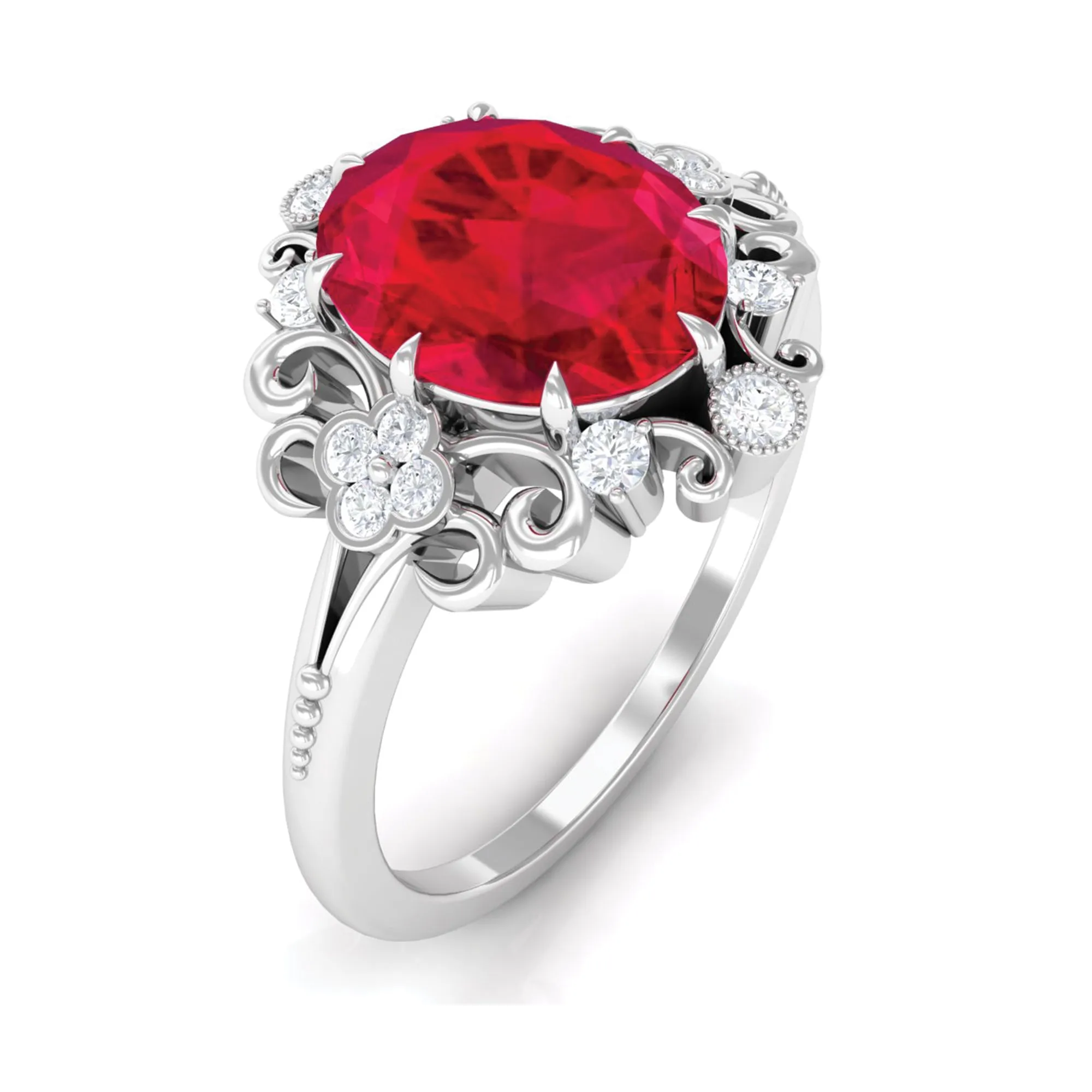 Certified Vintage Inspired Created Ruby Engagement Ring with Diamond