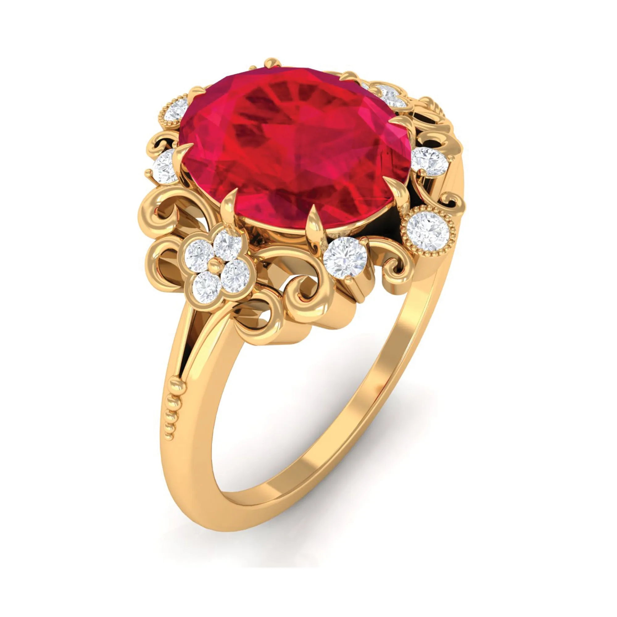 Certified Vintage Inspired Created Ruby Engagement Ring with Diamond