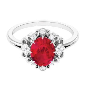 Certified Vintage Inspired Created Ruby Engagement Ring with Diamond