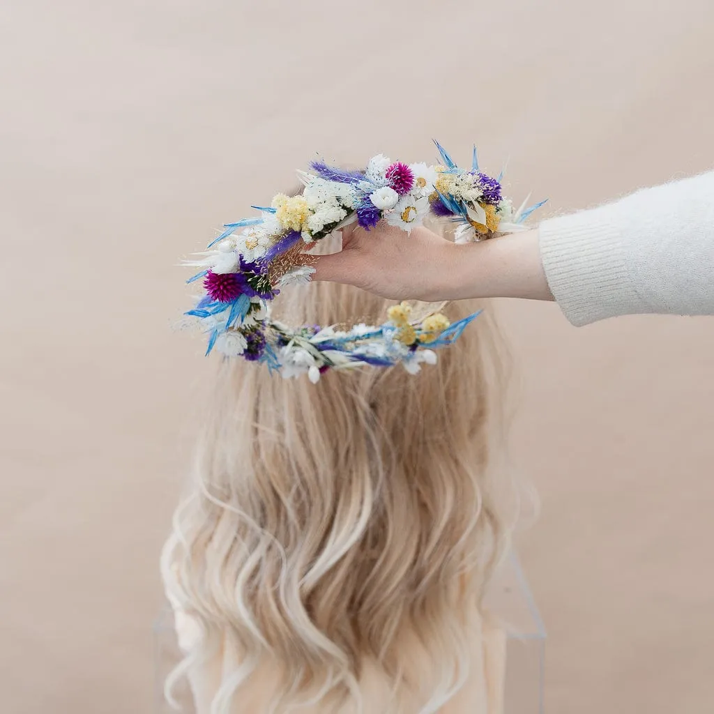 Colourful Dried Flowers Bridal Crown - Pastel Blue & White