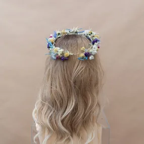 Colourful Dried Flowers Bridal Crown - Pastel Blue & White