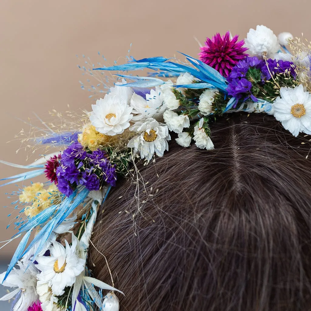 Colourful Dried Flowers Bridal Crown - Pastel Blue & White