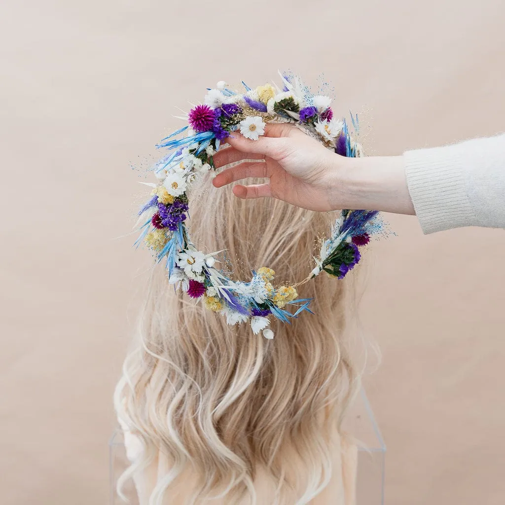 Colourful Dried Flowers Bridal Crown - Pastel Blue & White