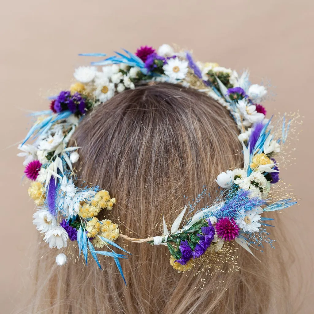 Colourful Dried Flowers Bridal Crown - Pastel Blue & White