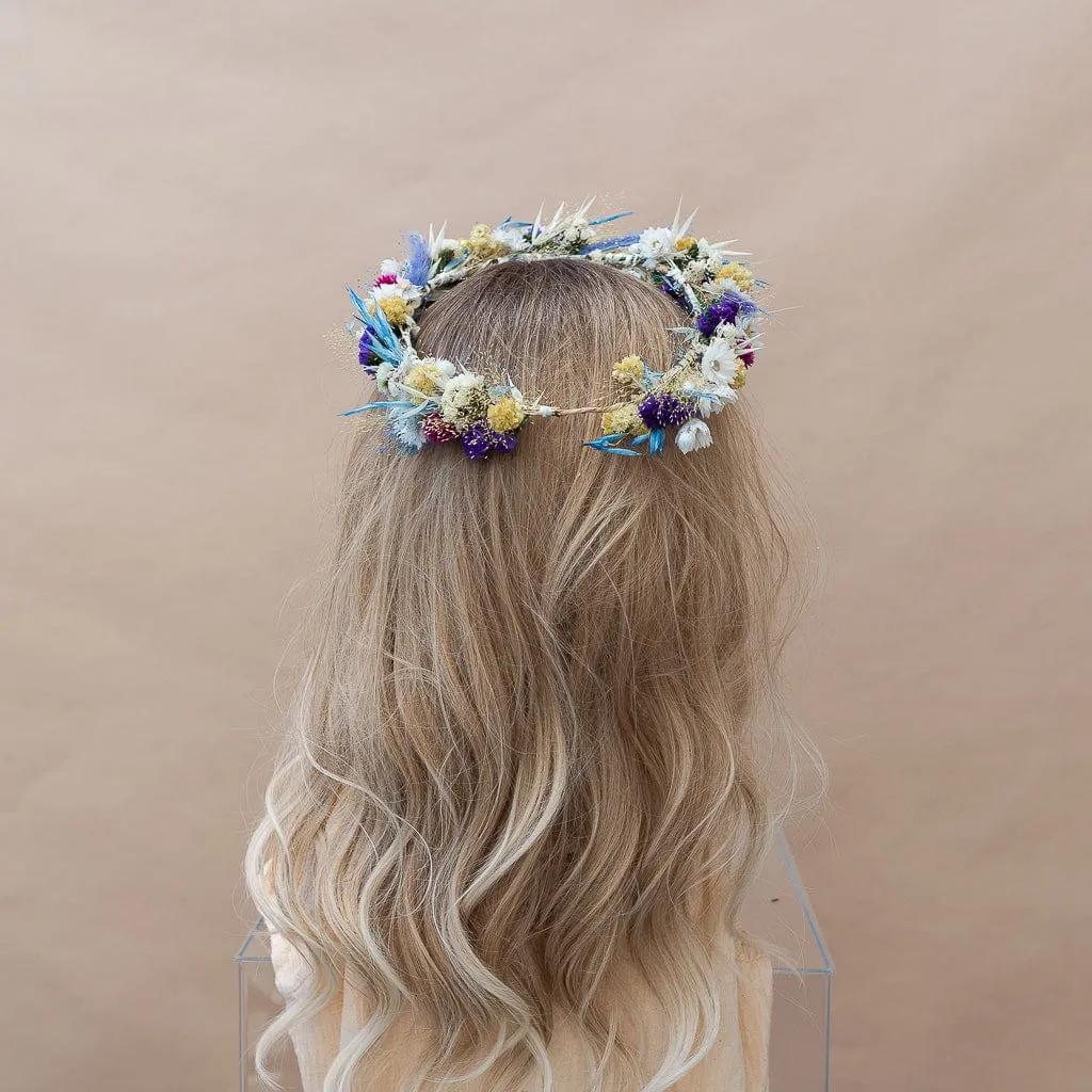 Colourful Dried Flowers Bridal Crown - Pastel Blue & White