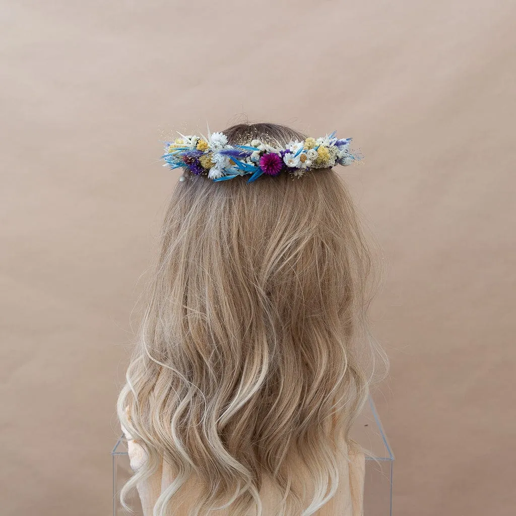 Colourful Dried Flowers Bridal Crown - Pastel Blue & White