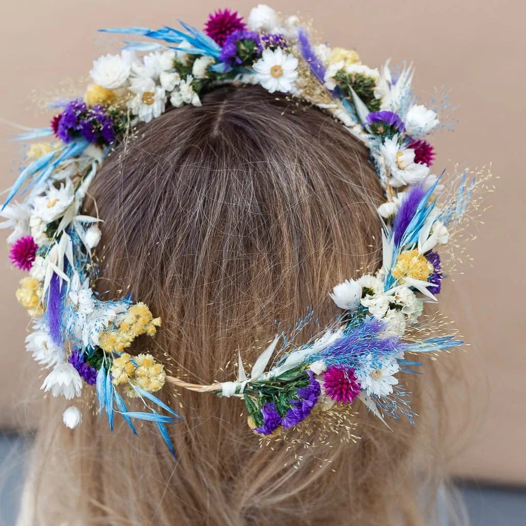 Colourful Dried Flowers Bridal Crown - Pastel Blue & White
