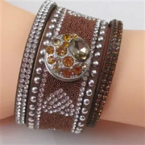 Crystal Bling Wide Brown Leather Bracelet