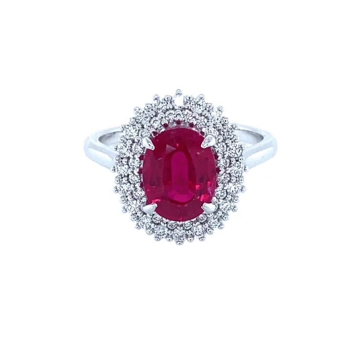 Double Halo Classic Set Diamonds Oval cut Ruby " Daisy " Ring