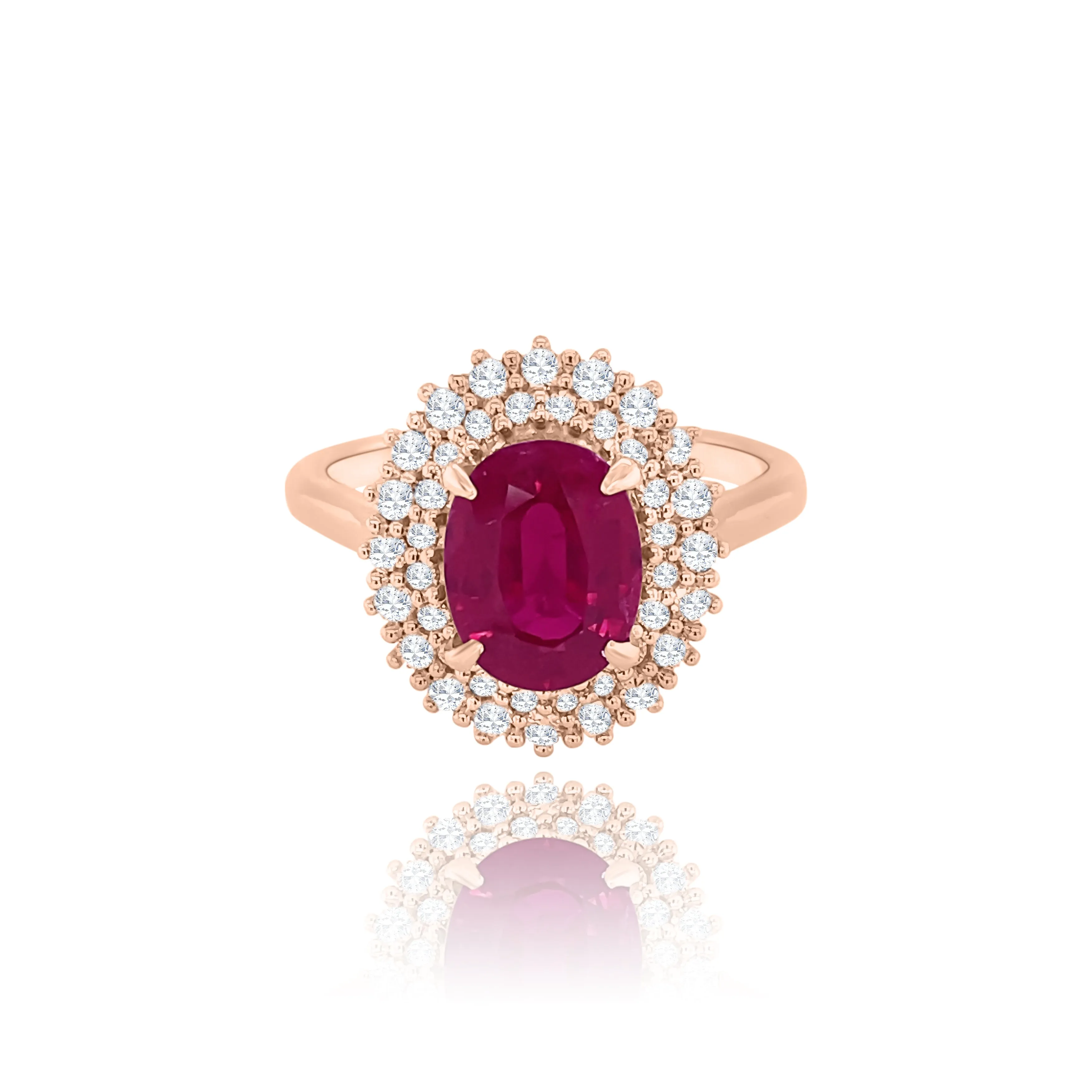 Double Halo Classic Set Diamonds Oval cut Ruby " Daisy " Ring