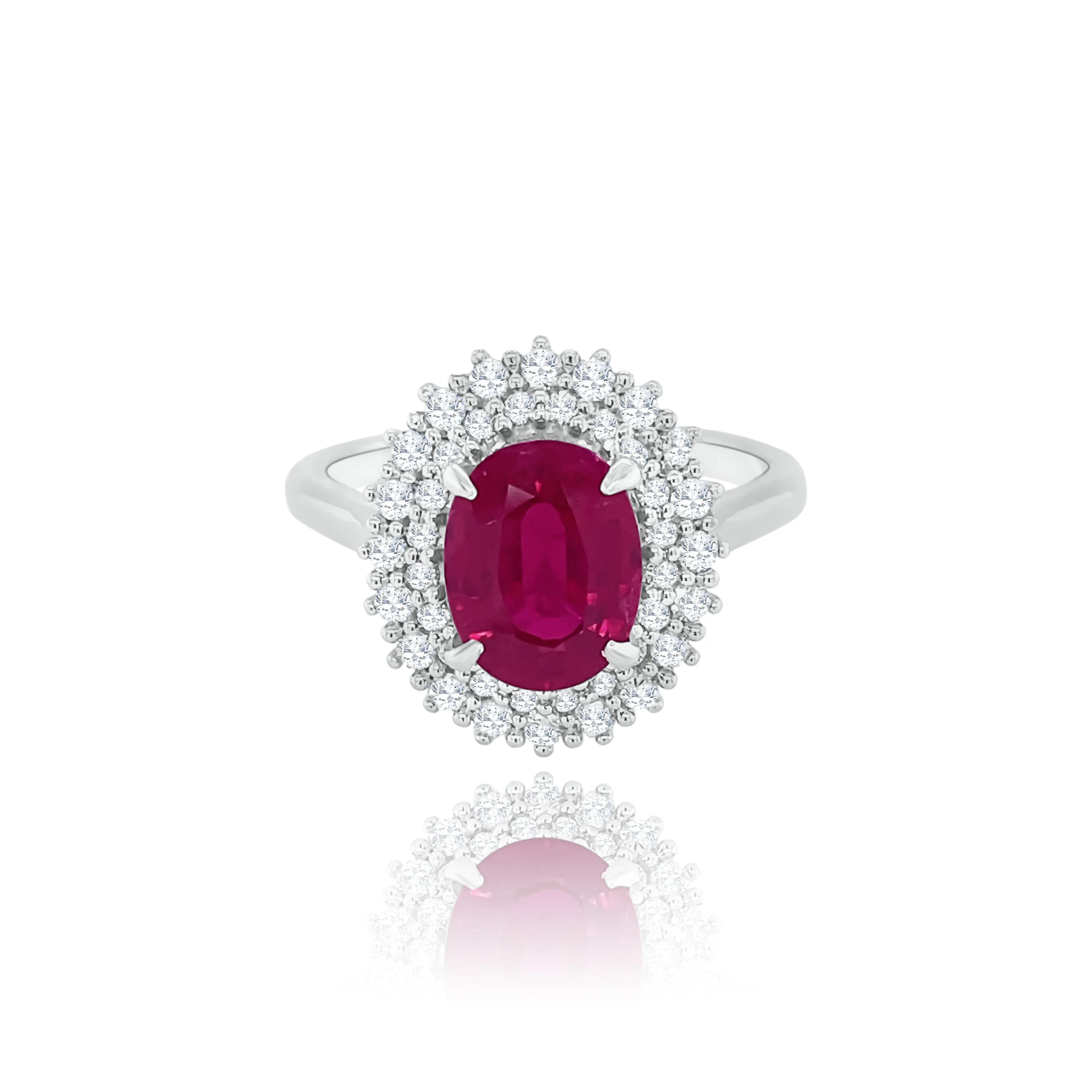 Double Halo Classic Set Diamonds Oval cut Ruby " Daisy " Ring