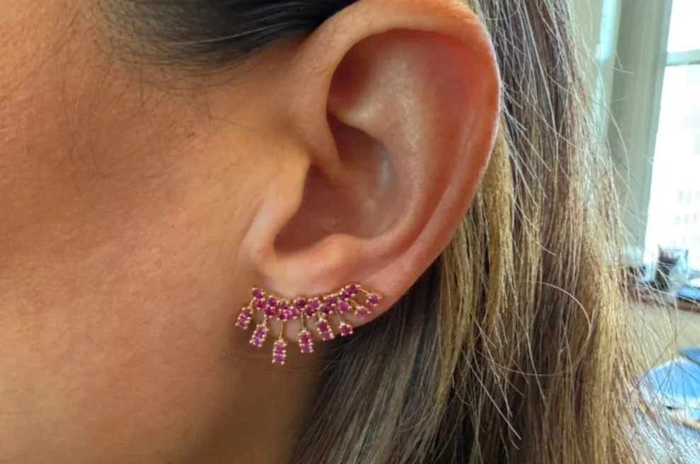 Earrings 14kt Gold Climber Round Rubies Stardusts