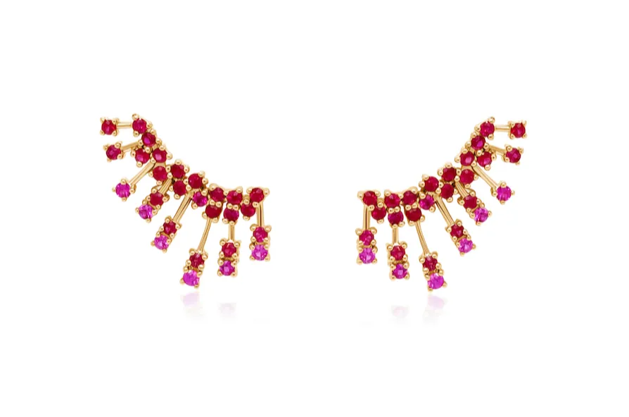 Earrings 14kt Gold Climber Round Rubies Stardusts