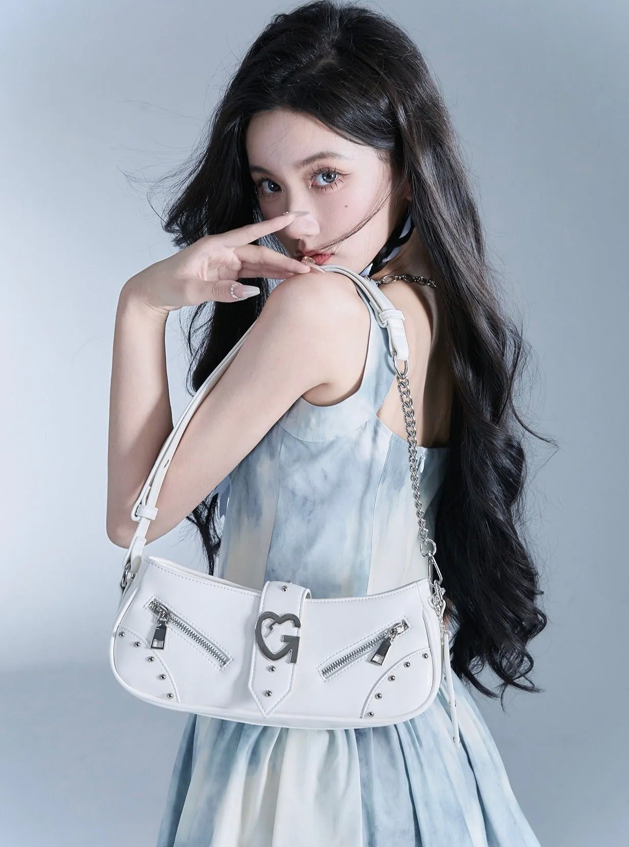 Edgy Baguette Shoulder Bag with Chain Strap
