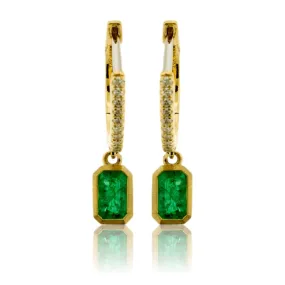 Emerald Cut Dangle Emerald & Diamond Bezel Earrings