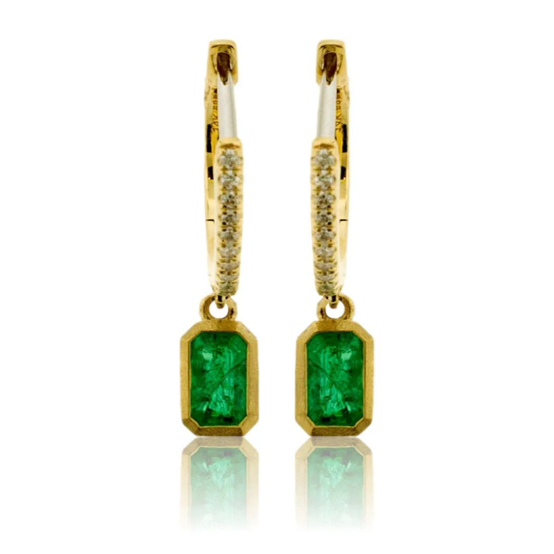 Emerald Cut Dangle Emerald & Diamond Bezel Earrings