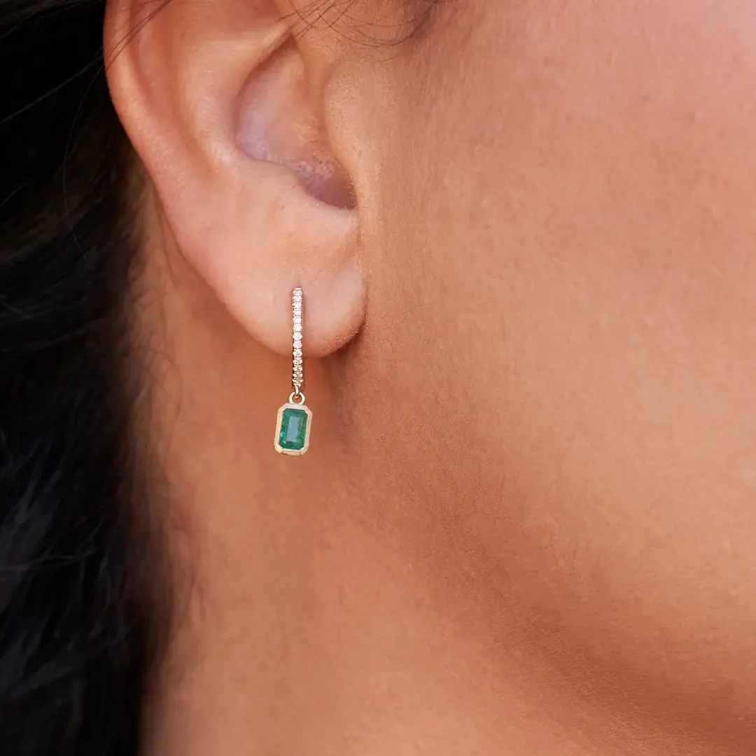 Emerald Cut Dangle Emerald & Diamond Bezel Earrings