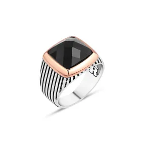 Facet Cut Black Square Zircon Stone Silver Men's Ring with Stripe Pattern