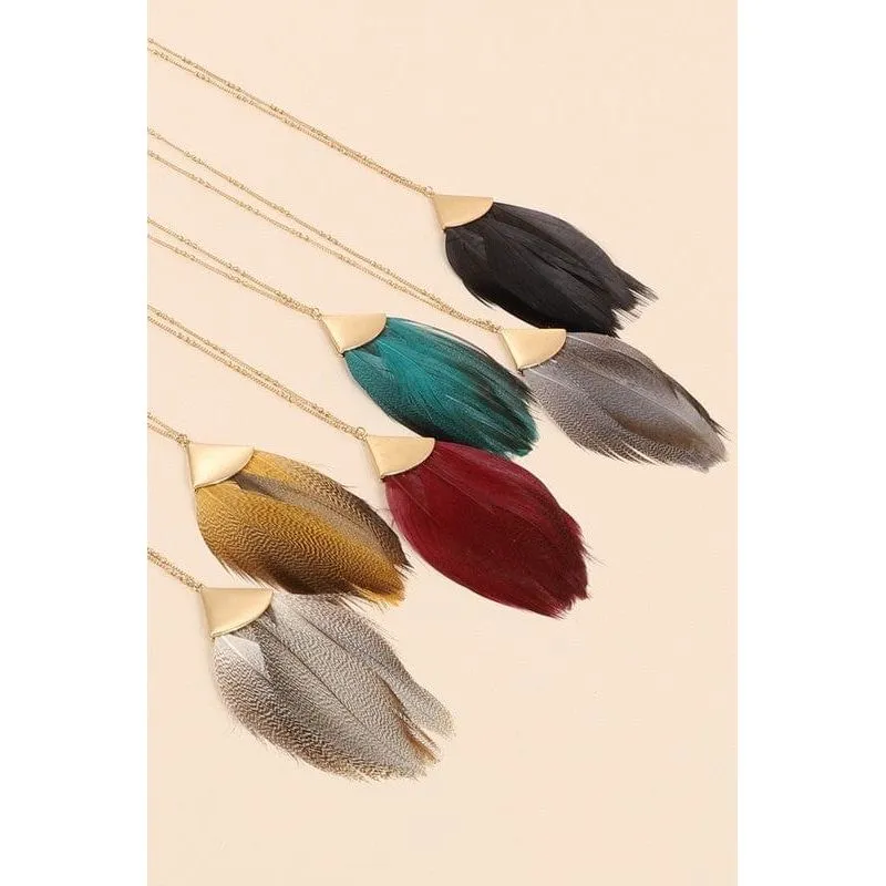 Feather Metal Pendant Long Necklace