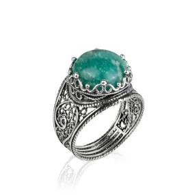 Filigree Art Amazonite Gemstone Crown Design Women Silver Statement Ring