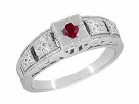 Filigree Engraved Art Deco Ruby Ring in 14 Karat White Gold