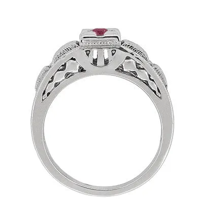 Filigree Engraved Art Deco Ruby Ring in 14 Karat White Gold