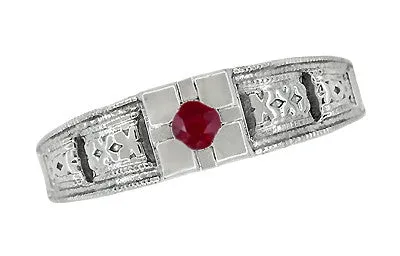 Filigree Engraved Art Deco Ruby Ring in 14 Karat White Gold