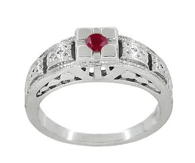 Filigree Engraved Art Deco Ruby Ring in 14 Karat White Gold