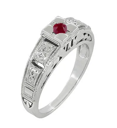 Filigree Engraved Art Deco Ruby Ring in 14 Karat White Gold