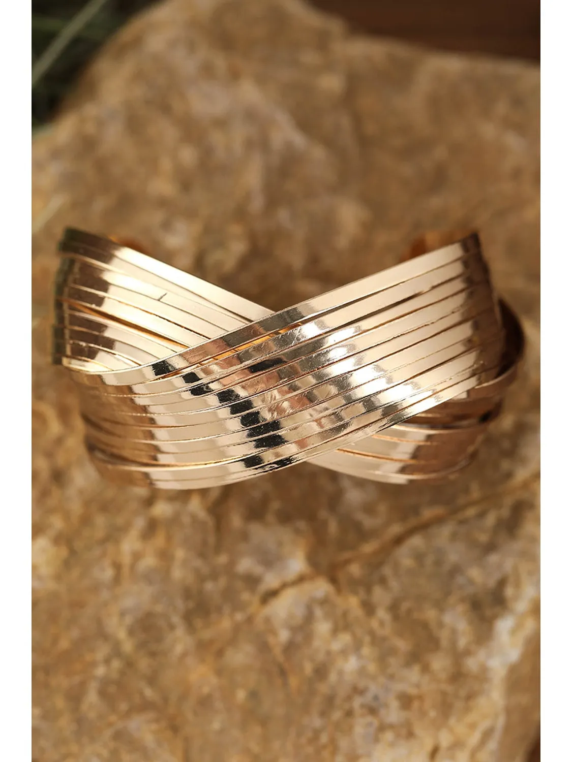 Gold Textured Crossover Metal Cuff Wide Bracelet