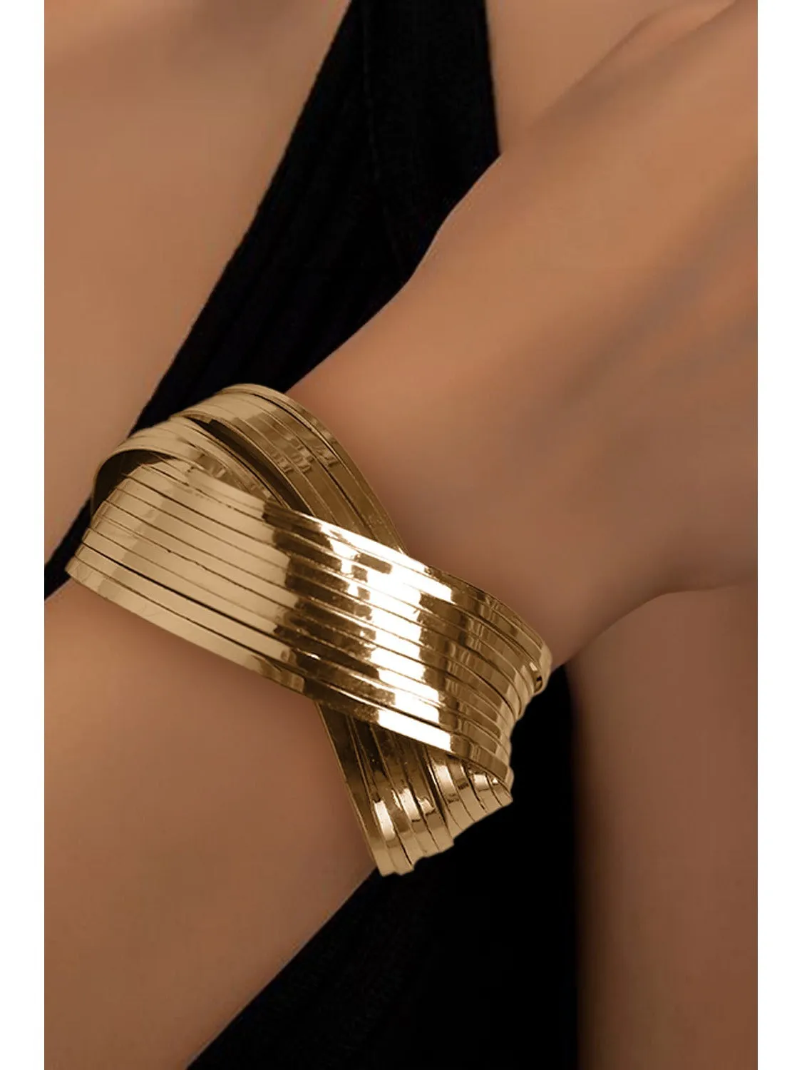 Gold Textured Crossover Metal Cuff Wide Bracelet