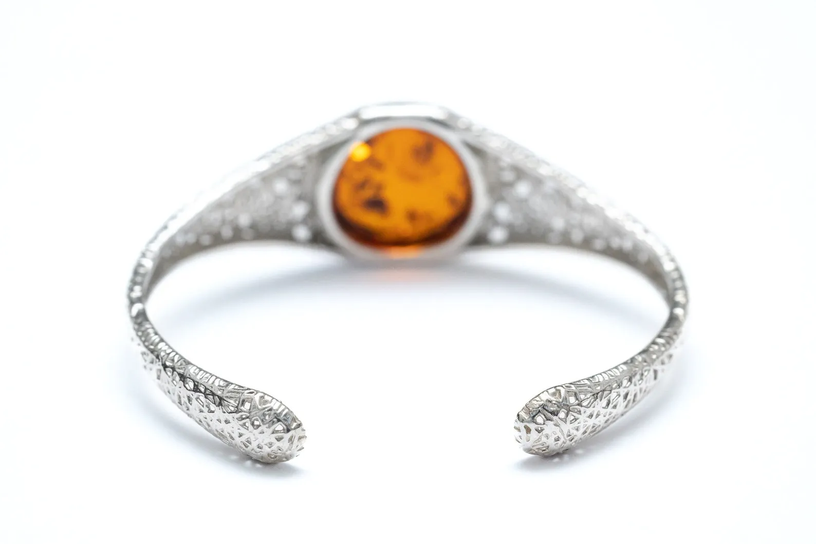 Handmade Modern Amber Arm Cuff - Sterling Silver Filigree Bangle