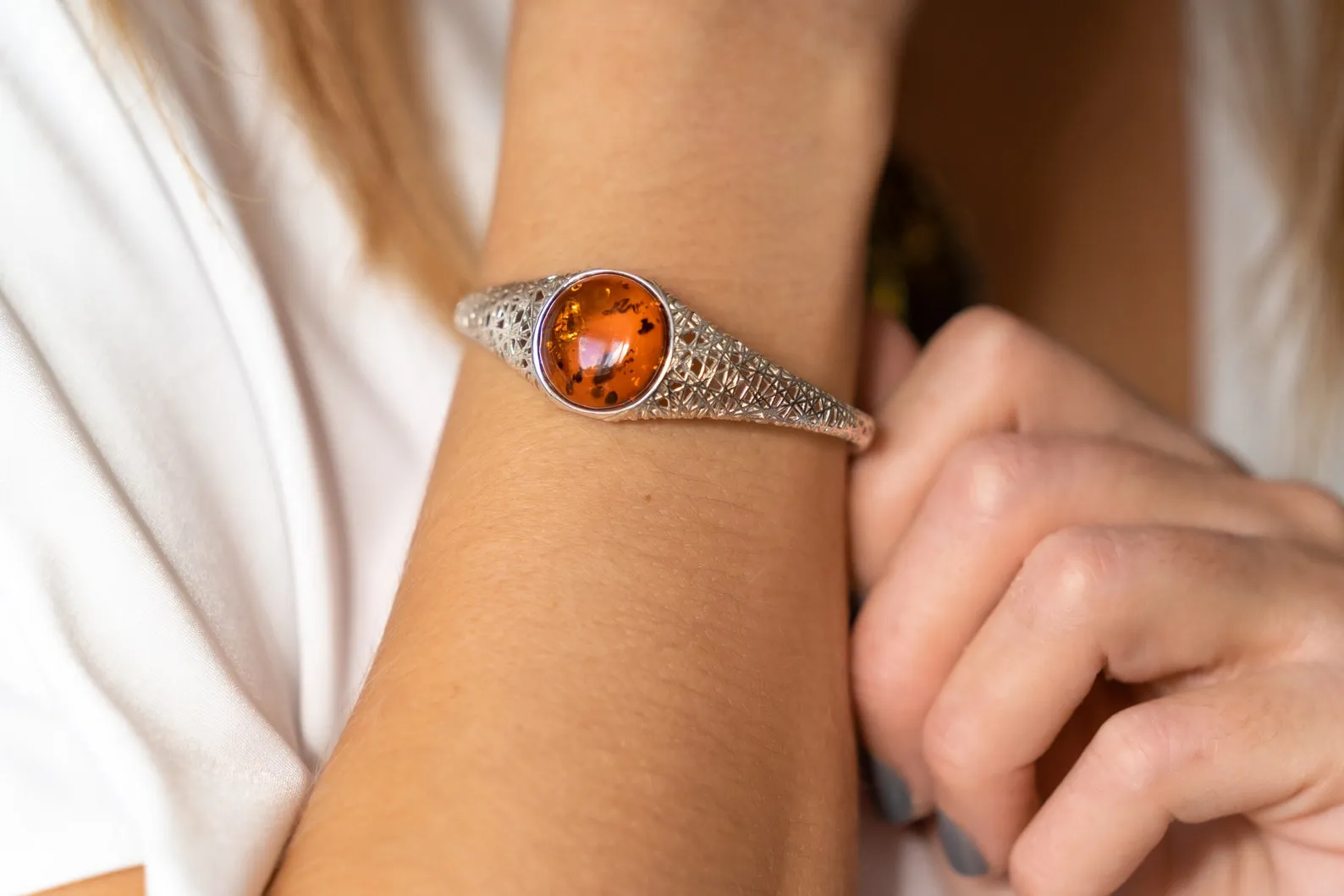 Handmade Modern Amber Arm Cuff - Sterling Silver Filigree Bangle