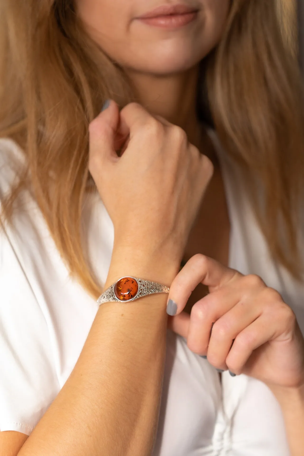 Handmade Modern Amber Arm Cuff - Sterling Silver Filigree Bangle