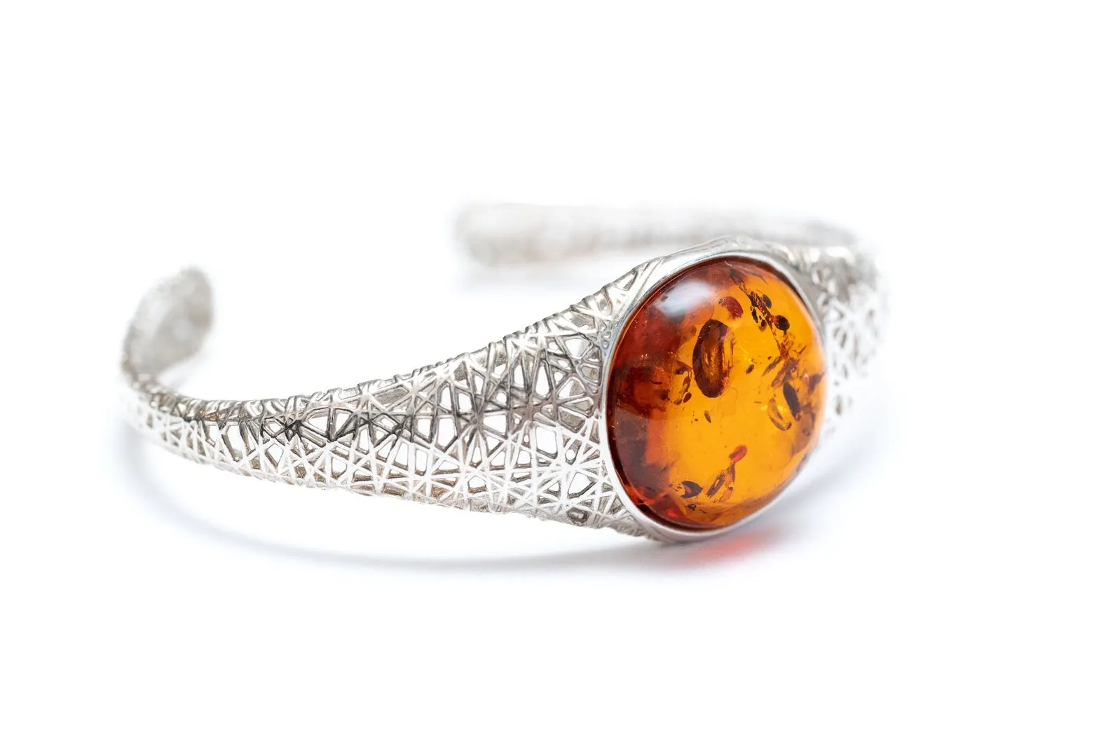 Handmade Modern Amber Arm Cuff - Sterling Silver Filigree Bangle