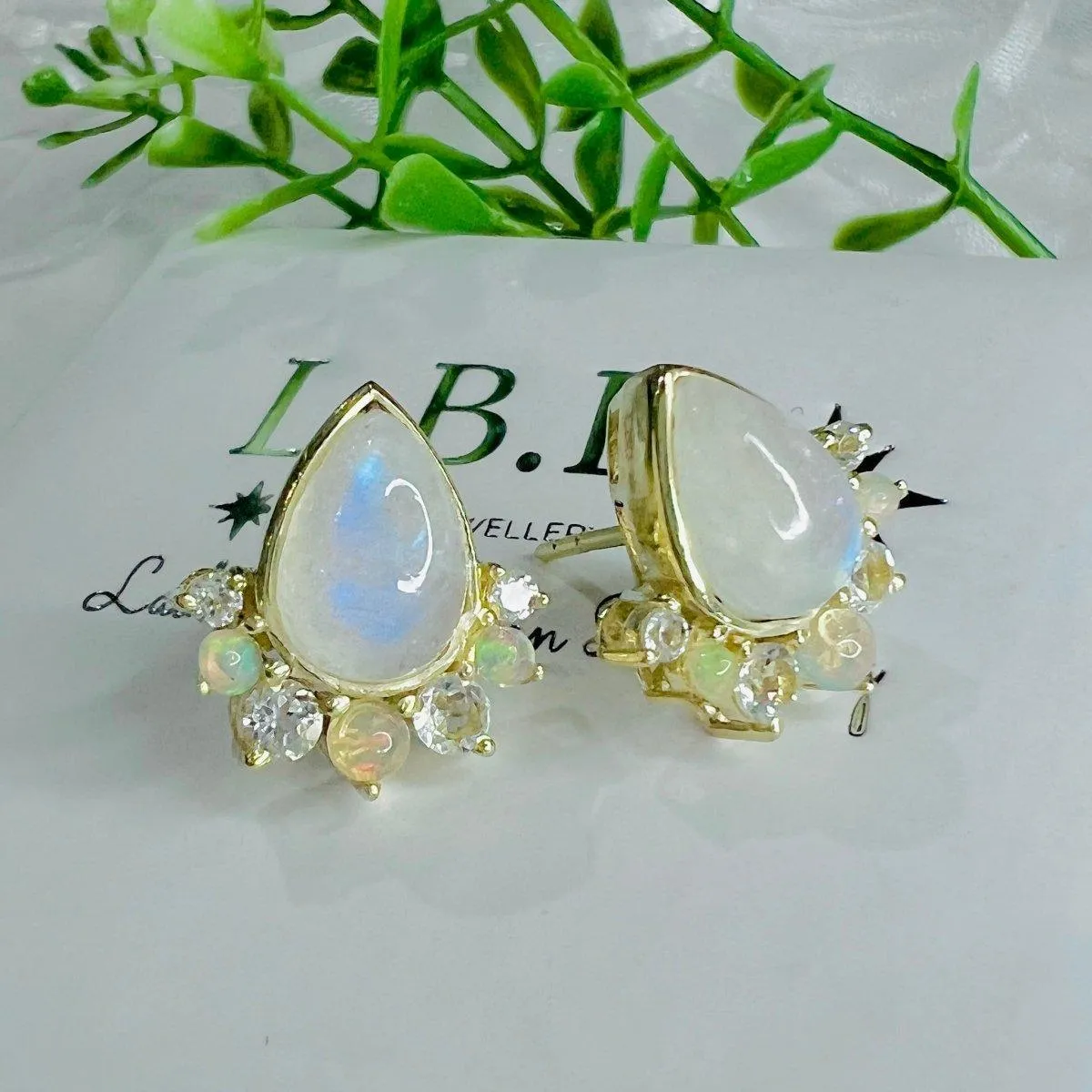 Laihas Premium Ballerina Gold Topaz, Opal and Moonstone Stud Earrings