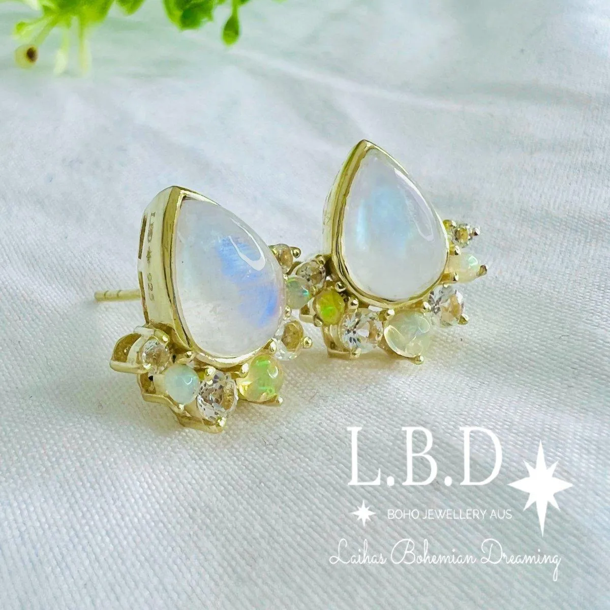 Laihas Premium Ballerina Gold Topaz, Opal and Moonstone Stud Earrings
