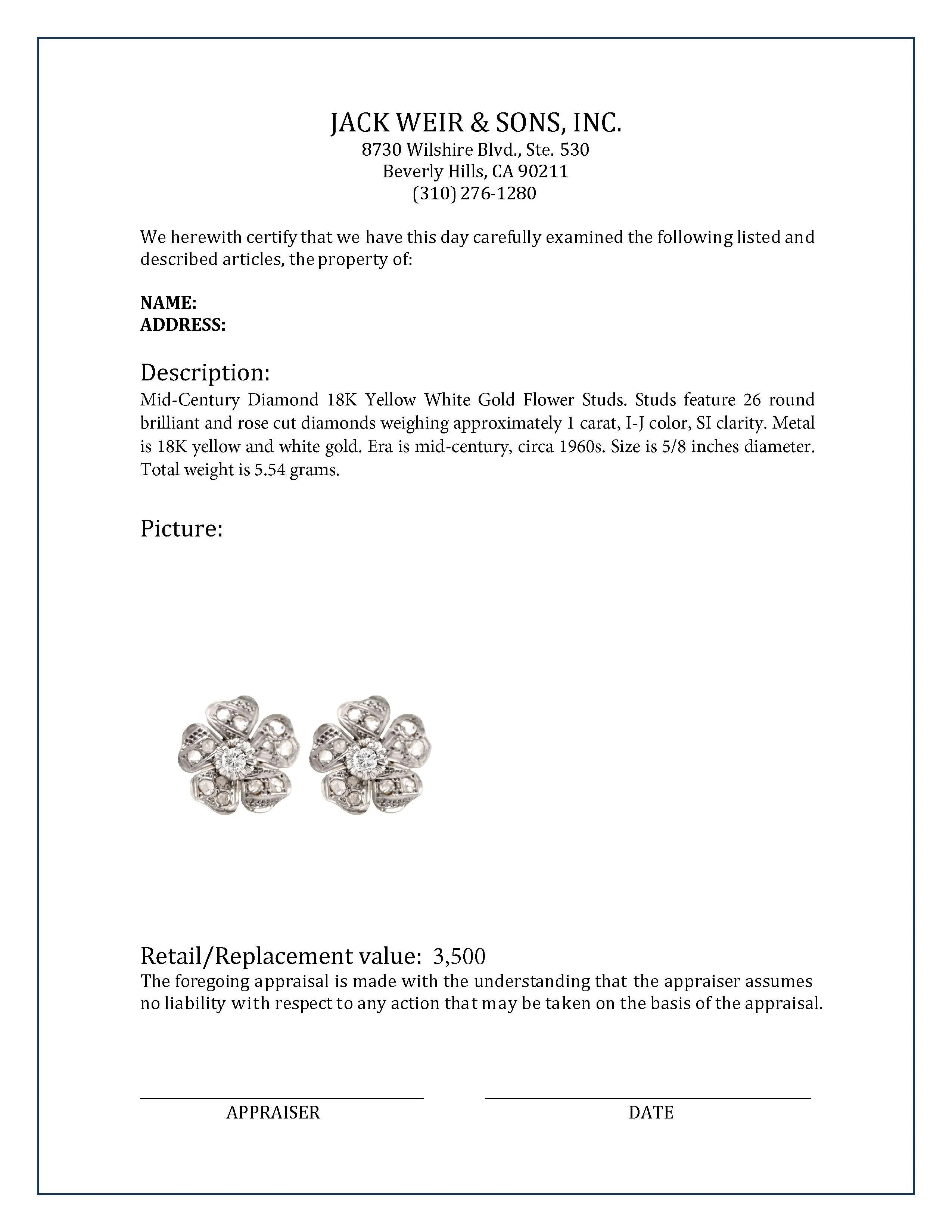 Mid-Century Diamond 18K Yellow White Gold Flower Studs
