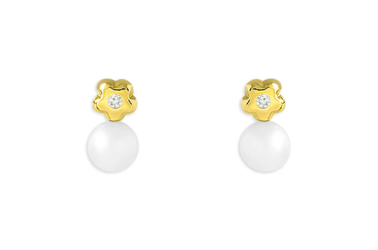 Mini Earrings 18kt Gold Flower Center Diamonds & Pearl Studs