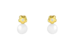 Mini Earrings 18kt Gold Flower Center Diamonds & Pearl Studs