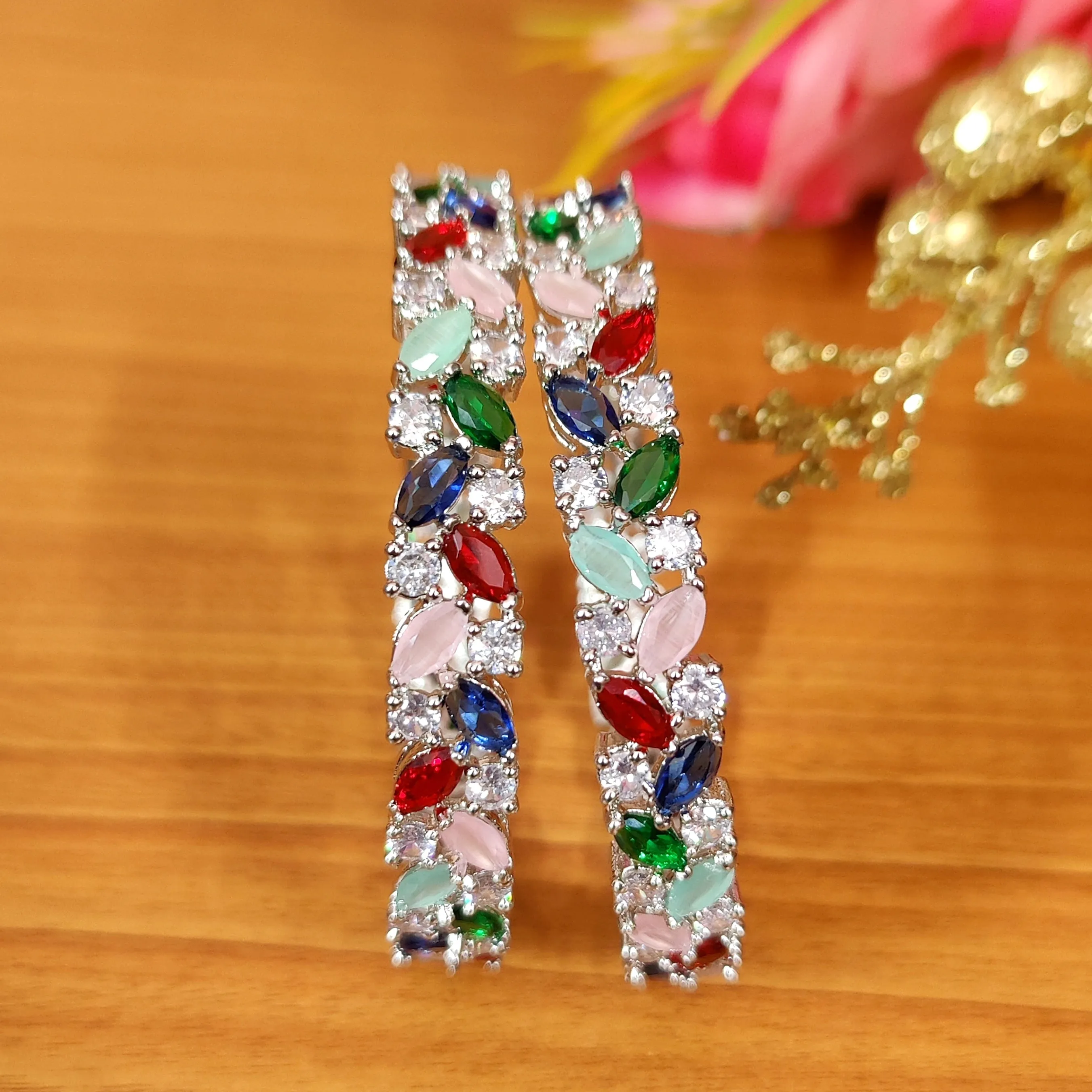 MULTICOLOUR CZ STUDDED SILVER LOOK BANGLES
