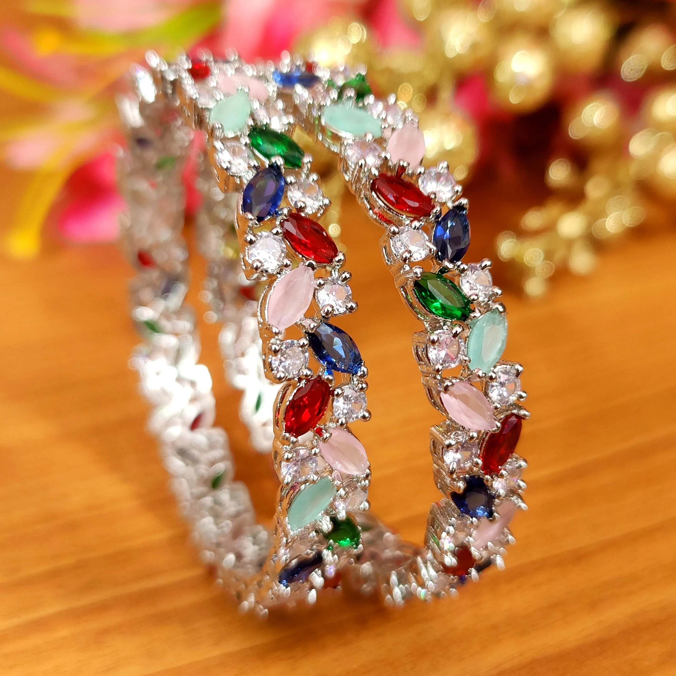 MULTICOLOUR CZ STUDDED SILVER LOOK BANGLES