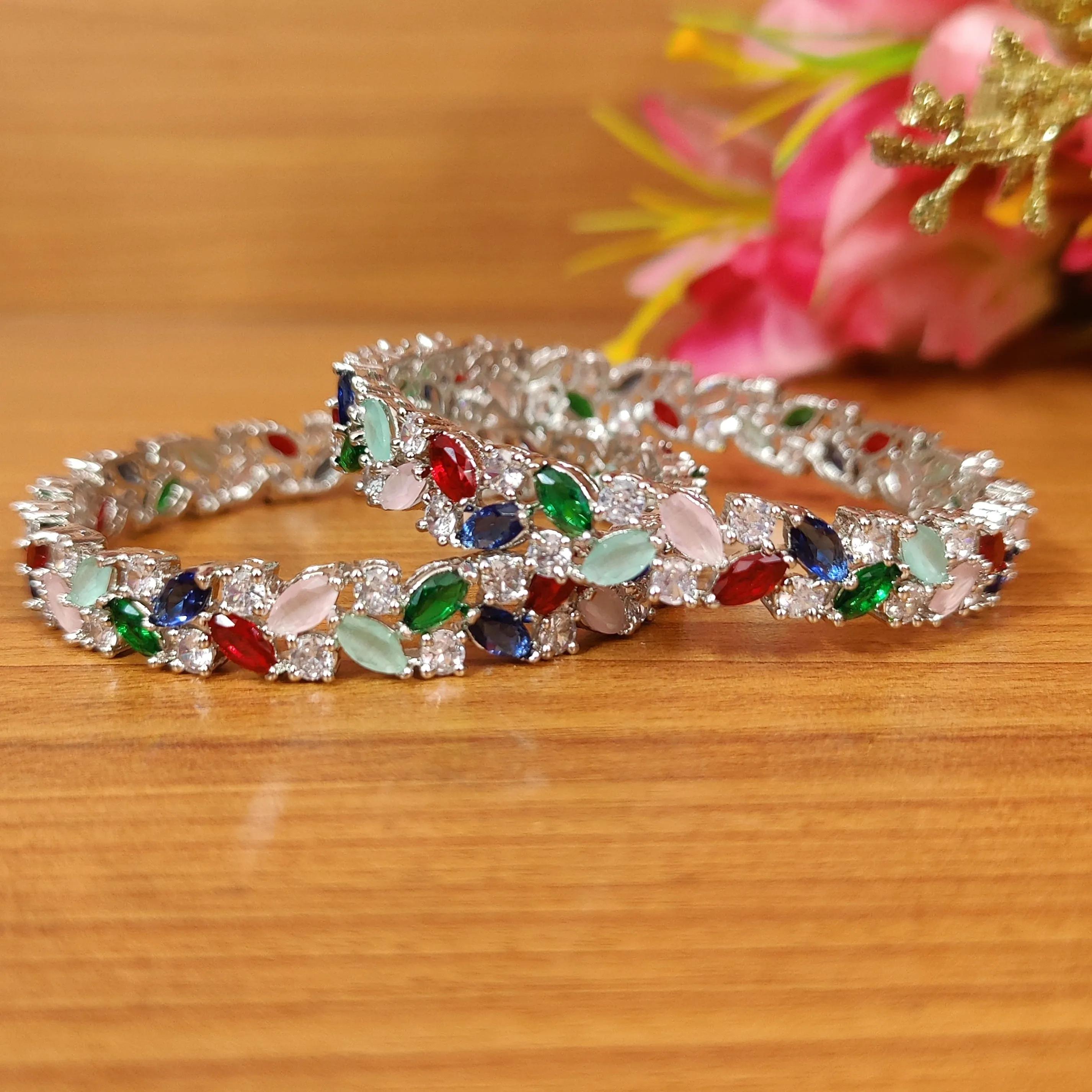 MULTICOLOUR CZ STUDDED SILVER LOOK BANGLES