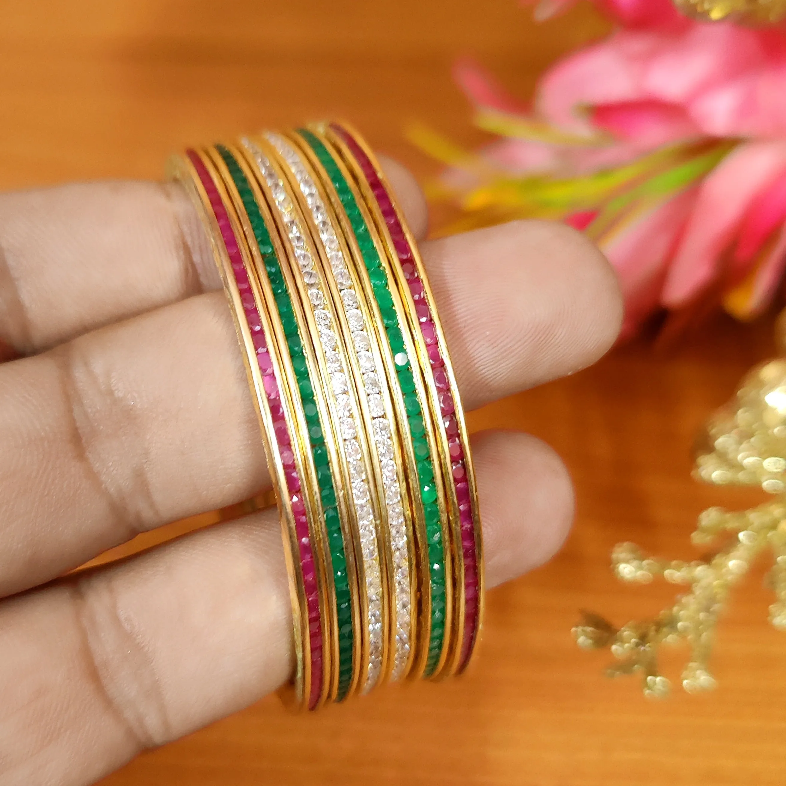 MULTICOLOUR GOLD PLATED FINE CZ THIN BANGLES