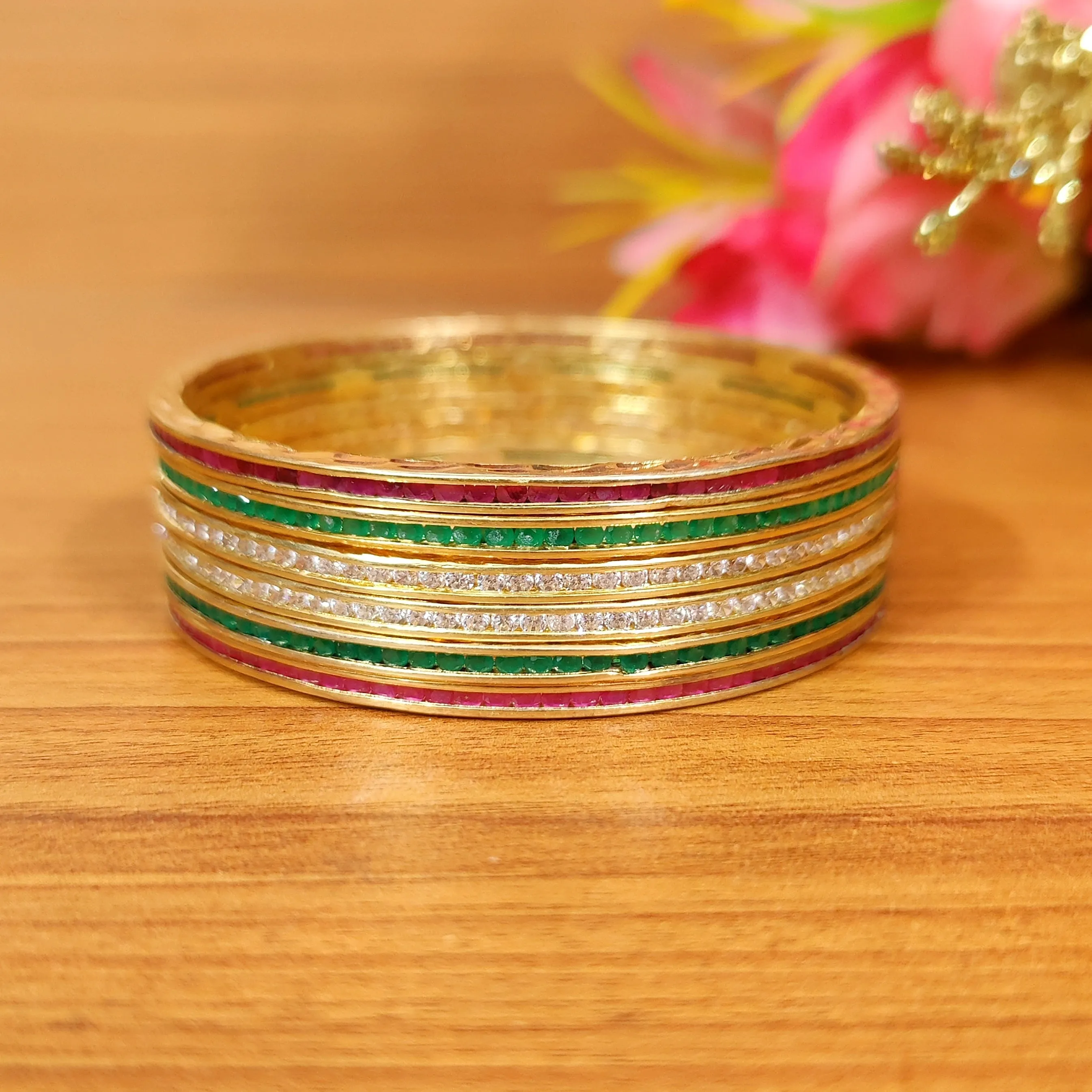 MULTICOLOUR GOLD PLATED FINE CZ THIN BANGLES
