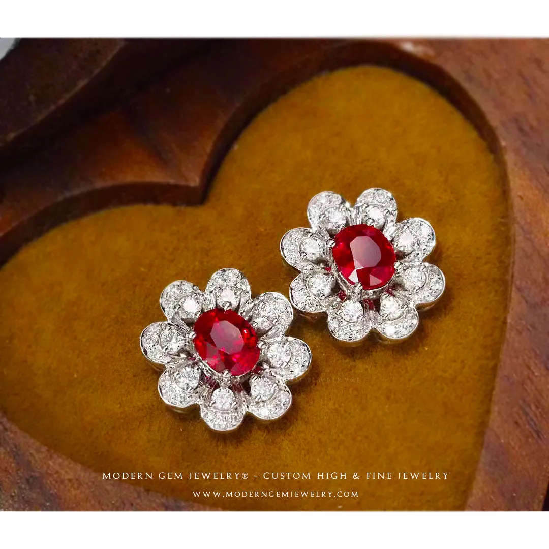Natural Ruby Earrings In Floral Design with Diamonds