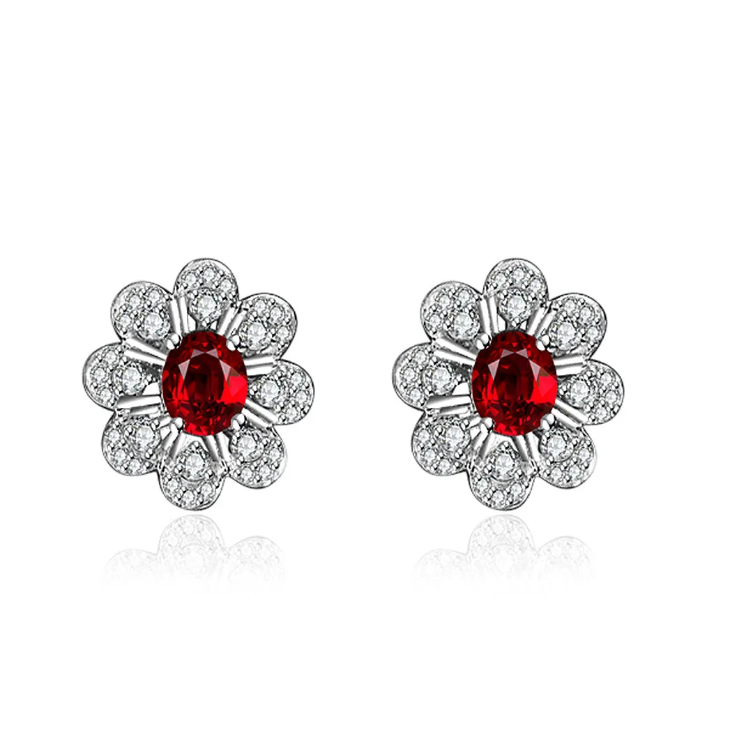 Natural Ruby Earrings In Floral Design with Diamonds