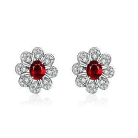 Natural Ruby Earrings In Floral Design with Diamonds