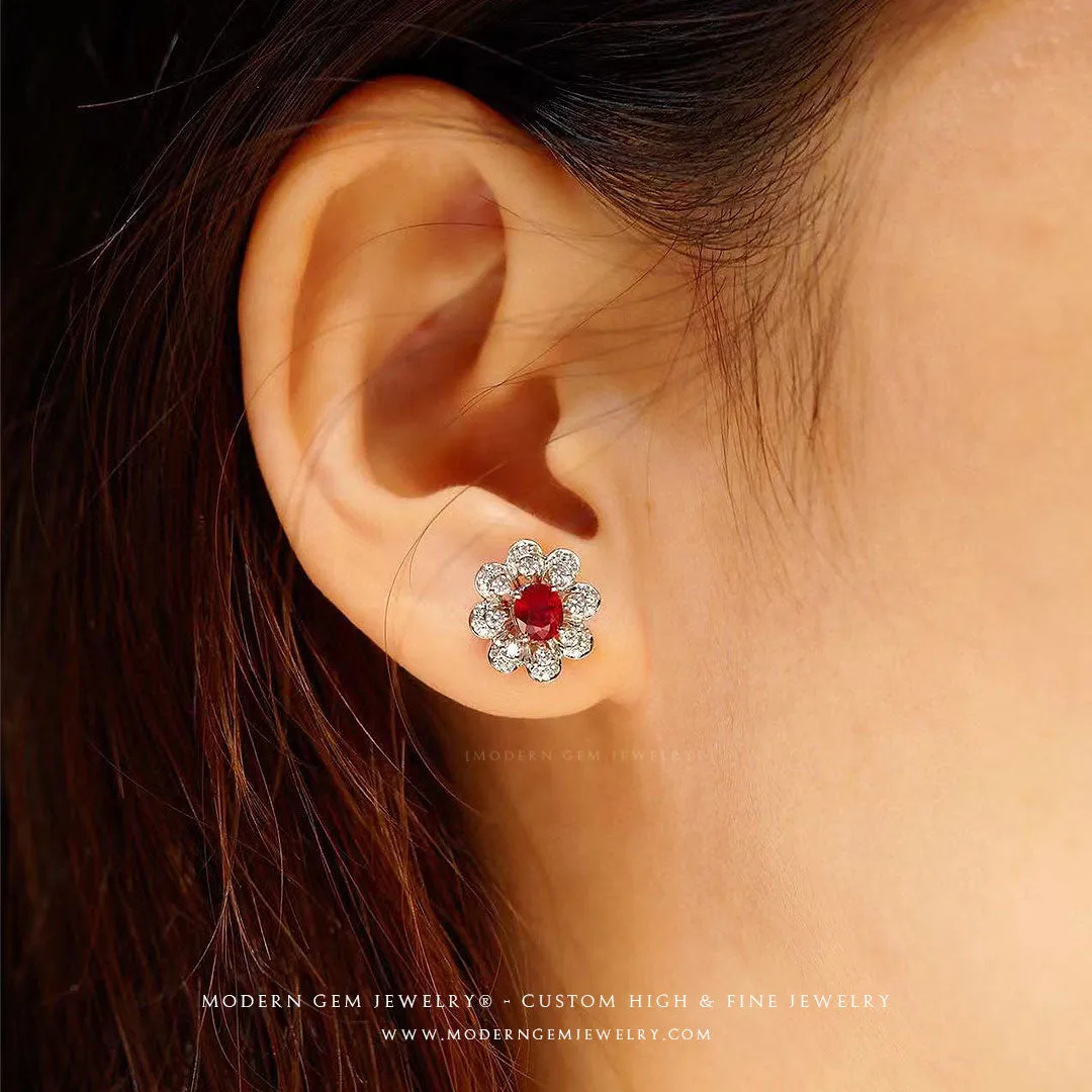 Natural Ruby Earrings In Floral Design with Diamonds